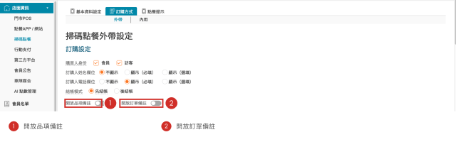 後台管理系統外帶設定頁，紅框標示開放品項備註與開放訂單備註
