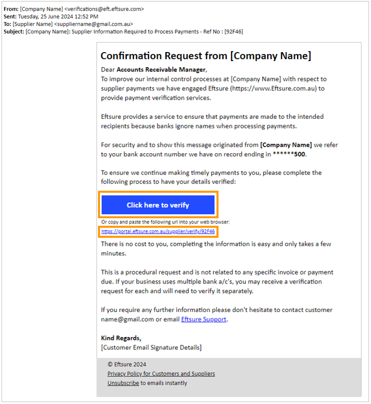 Existing supplier bank account confirmation
