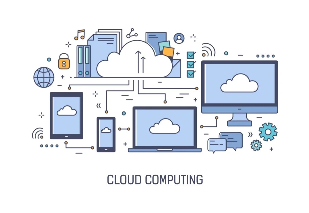Illustration representing cloud computing, featuring various devices like smartphones, tablets, and computers connected to a central cloud symbol, surrounded by icons symbolizing data transfer, security, and productivity.