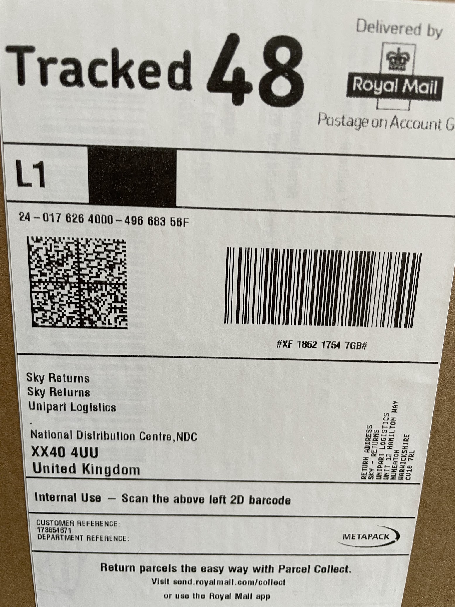 Returned equipment was signed for but sky keep cha...