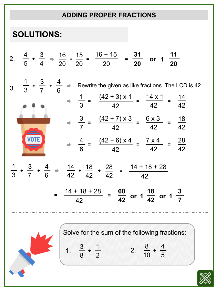 addition of proper fractions math worksheets ages 9 10