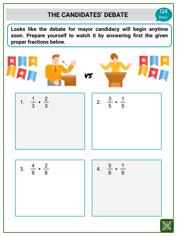 addition of proper fractions math worksheets ages 9 10