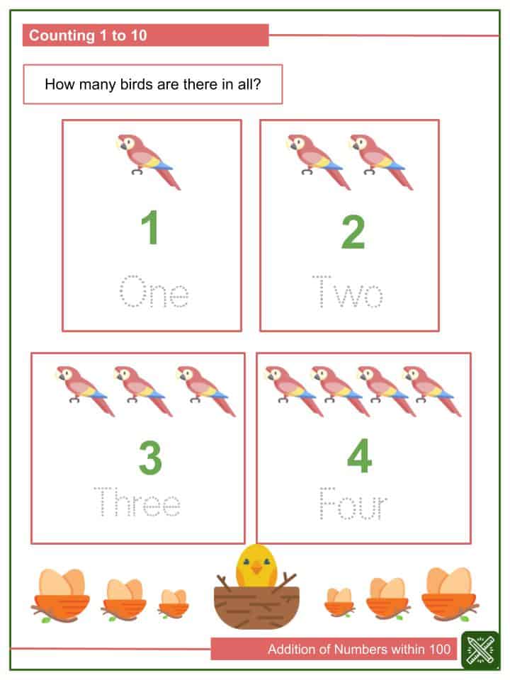 addition of numbers within 10 kindergarten math worksheets