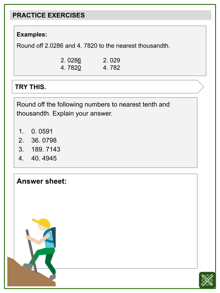 rounding decimals themed math worksheets aged 9 11