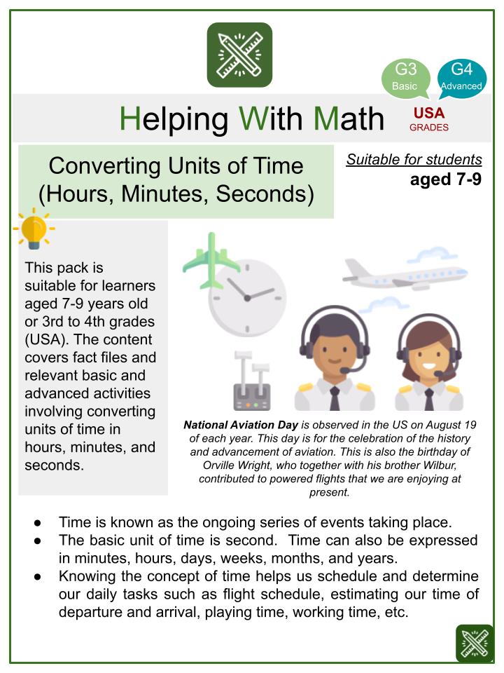converting units of time national aviation day themed math worksheets