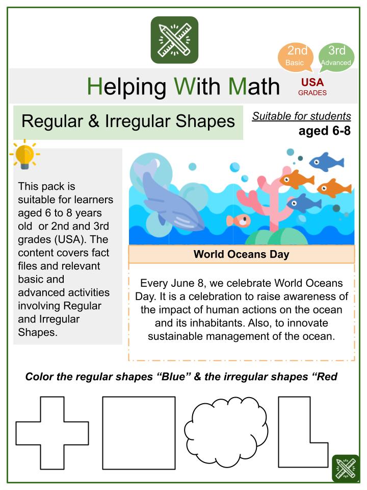 regular and irregular shapes world oceans day themed worksheets