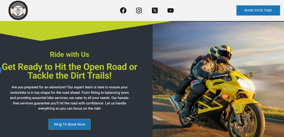 Help Sales Marketing A motorcyclist in full gear rides a yellow motorcycle on a road, showcasing top-tier motorbike services. Whether you're navigating smooth highways or rugged dirt trails, trust our expertise. Click the "Ring to Book Now" button and ensure your tyres are ready for every adventure.