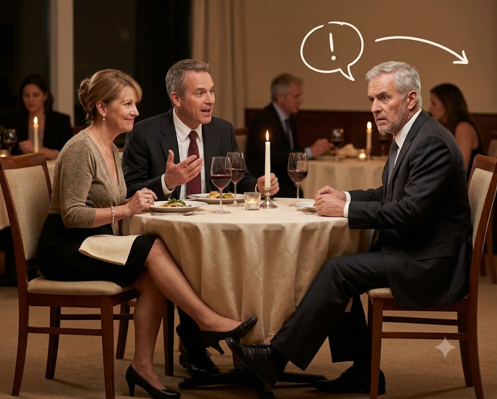 Three adults seated at a round table in a formal restaurant setting. Two people, a man and a woman on the left, appear engaged in conversation, the man gesturing with his hands. The third person, an older man sitting opposite them, looks serious and slightly surprised. A speech bubble with an exclamation mark points to him, indicating he is reacting to the conversation. The table is set with wine glasses, plates, and a lit candle between them.