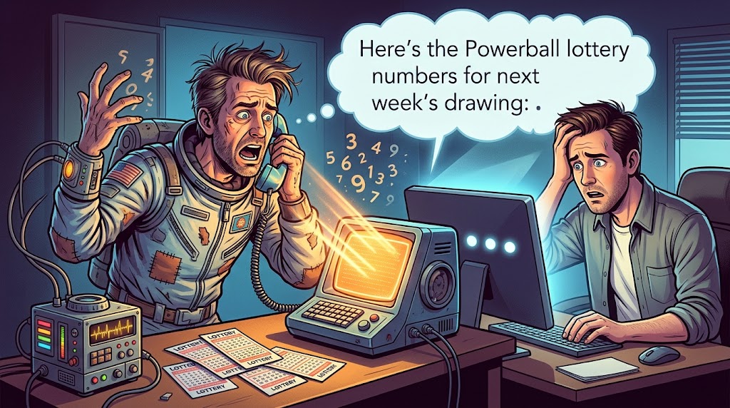 Two men in a cluttered room. One man, wearing a torn astronaut suit, appears shocked and is holding a phone, speaking: "Here's the Powerball lottery numbers for next week's drawing." He looks excited while leaning over an old computer emitting glowing numbers. The other man, sitting calmly at a desk with a modern computer, appears surprised but attentive, watching the astronaut. The scene suggests time travel or futuristic technology revealing lottery numbers. The lighting is dramatic, emphasizing the tension and excitement.