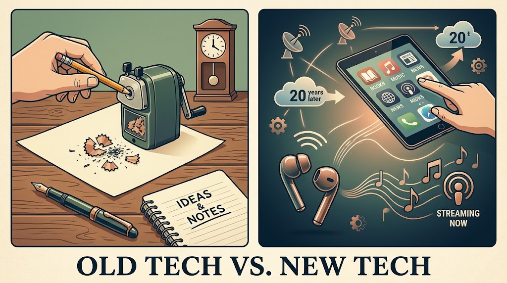 The image is split into two parts labeled "OLD TECH VS. NEW TECH." The left side shows a hand sharpening a pencil with a manual sharpener on a desk, near a clock and a notebook labeled "IDEAS and NOTES." There's also a pen and pencil shavings on the desk. The right side displays a hand interacting with a large smartphone screen, surrounded by icons for cloud storage, music streaming, wireless signals, and earbuds, illustrating modern digital technology and connectivity.
