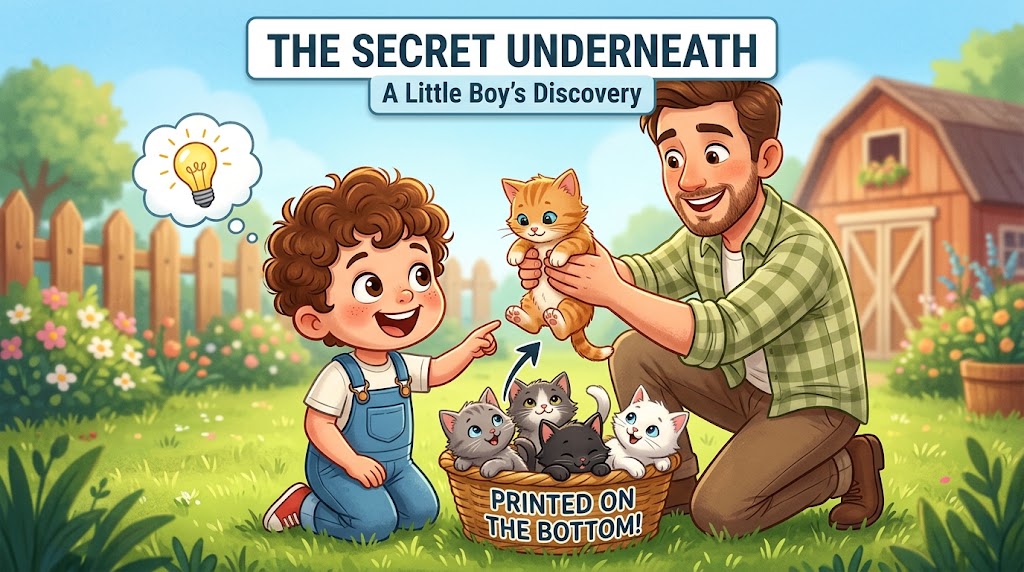 A happy little boy with curly hair wearing blue overalls and a white shirt, sitting on grass. He is pointing at a man with short brown hair and a green plaid shirt, kneeling and holding an orange kitten above a basket. The basket contains four kittens of different colors, with the phrase "PRINTED ON THE BOTTOM!" written on it. Above, a thought bubble with a light bulb symbolizes an idea. The text reads: "THE SECRET UNDERNEATH - A Little Boy’s Discovery."