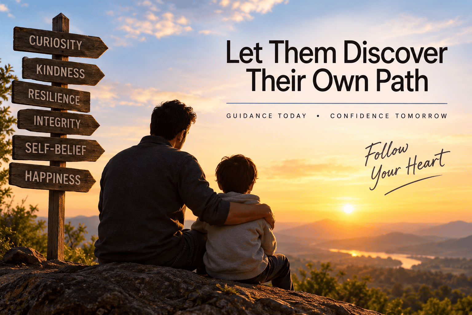 Illustration of a parent guiding a child along a path, representing freedom, happiness, and following your own path.