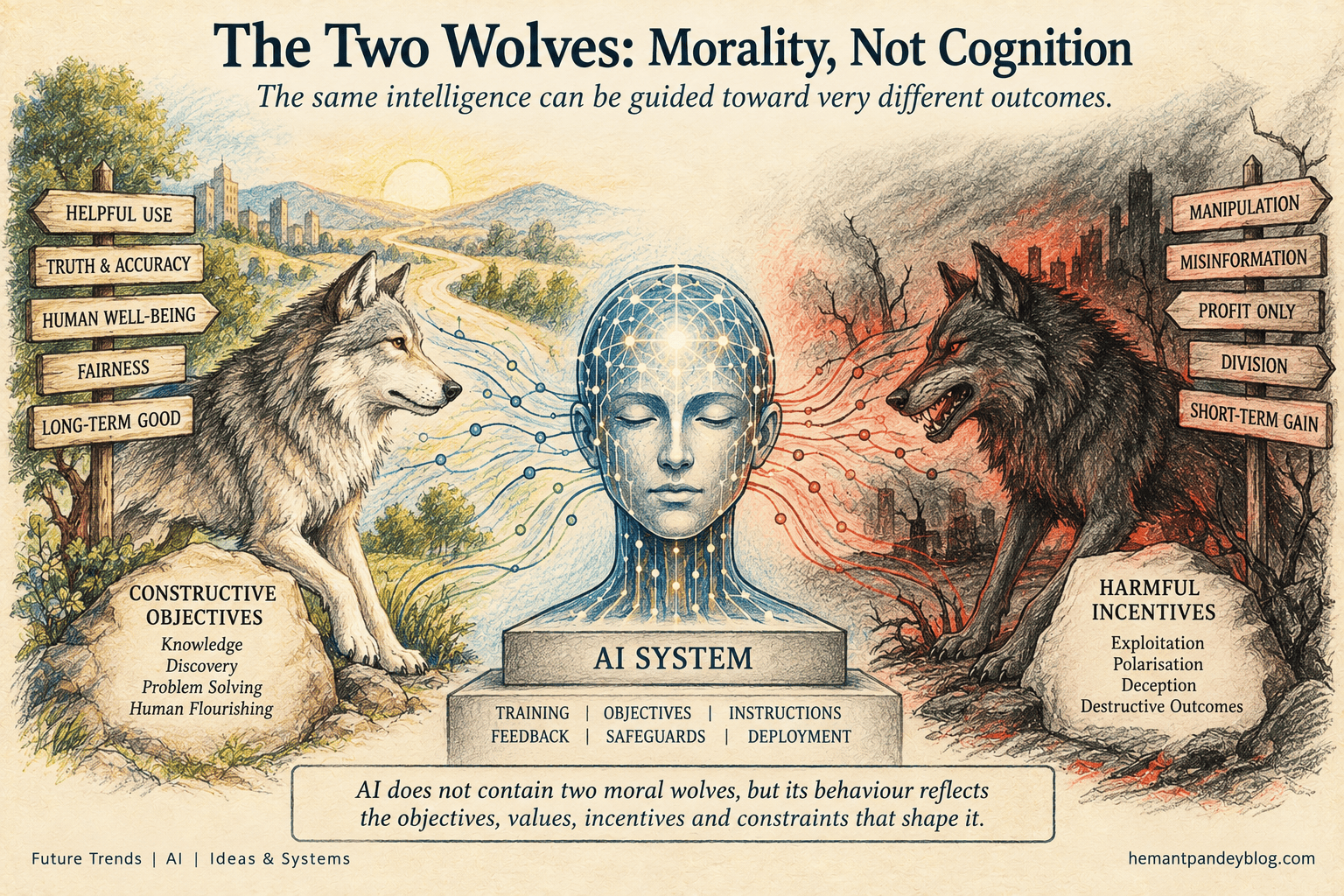 Two wolves symbolize constructive objectives and harmful incentives shaping AI behaviour, not inner moral personalities.