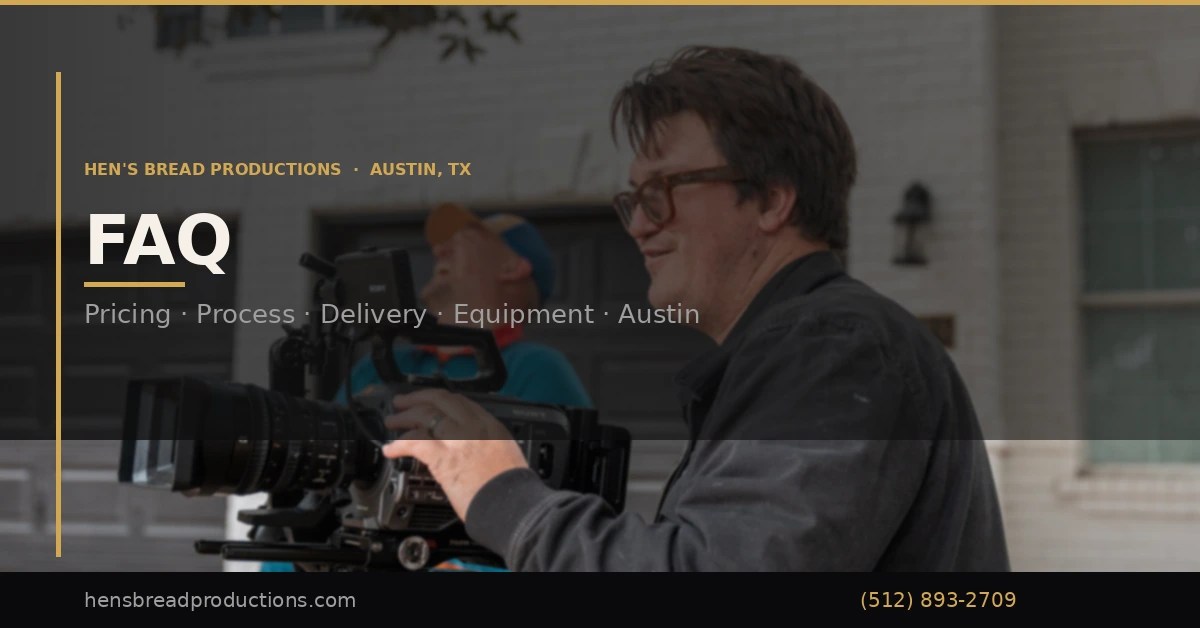 Cameraman operating a professional video camera on a film set; Hen's Bread Productions, Austin, TX branding appears on screen.
