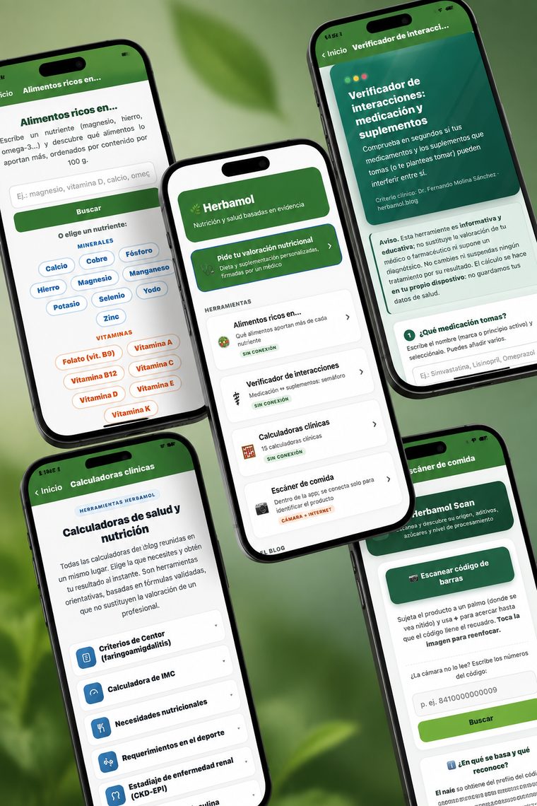 Pantallas de la app Herbamol.blog: inicio, alimentos ricos en un nutriente, verificador de interacciones, calculadoras clínicas y escáner de comida