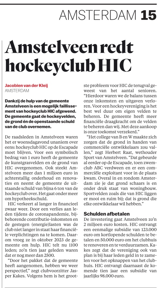 5-4-2024-Het Parool: Amstelveen redt hockeyclub HIC Herbert Raat Jasper Kakes