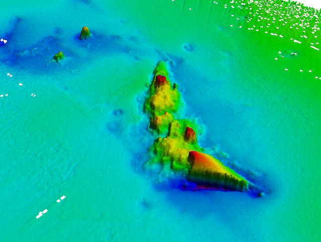 3D sonar image of the wreck of HMS Invincible, one of 25 British and German warships that were sunk during the Battle of Jutland. Crown Copyright.