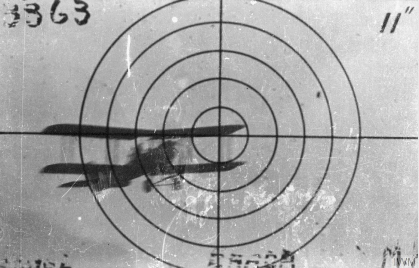 Image of bi-plane in gunsights © IWM Q70307. In 1915, the Dutch aircraft manufacturer, Anthony Fokker who was working for the Germans, perfected the ability for a machine-gun to be synchronised with, and fire through, the aircraft’s propeller. It was soon adopted by all combatants.