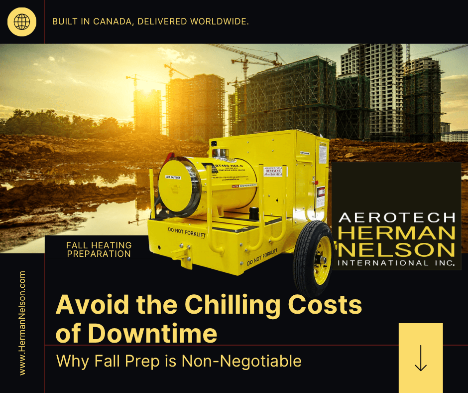 Industrial heater at construction site during fall heating preparation for winter readiness