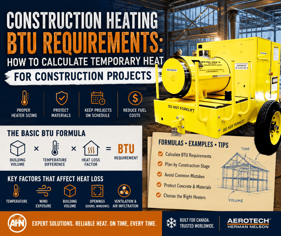 Construction manager reviewing temporary heating BTU requirements on a winter construction site.