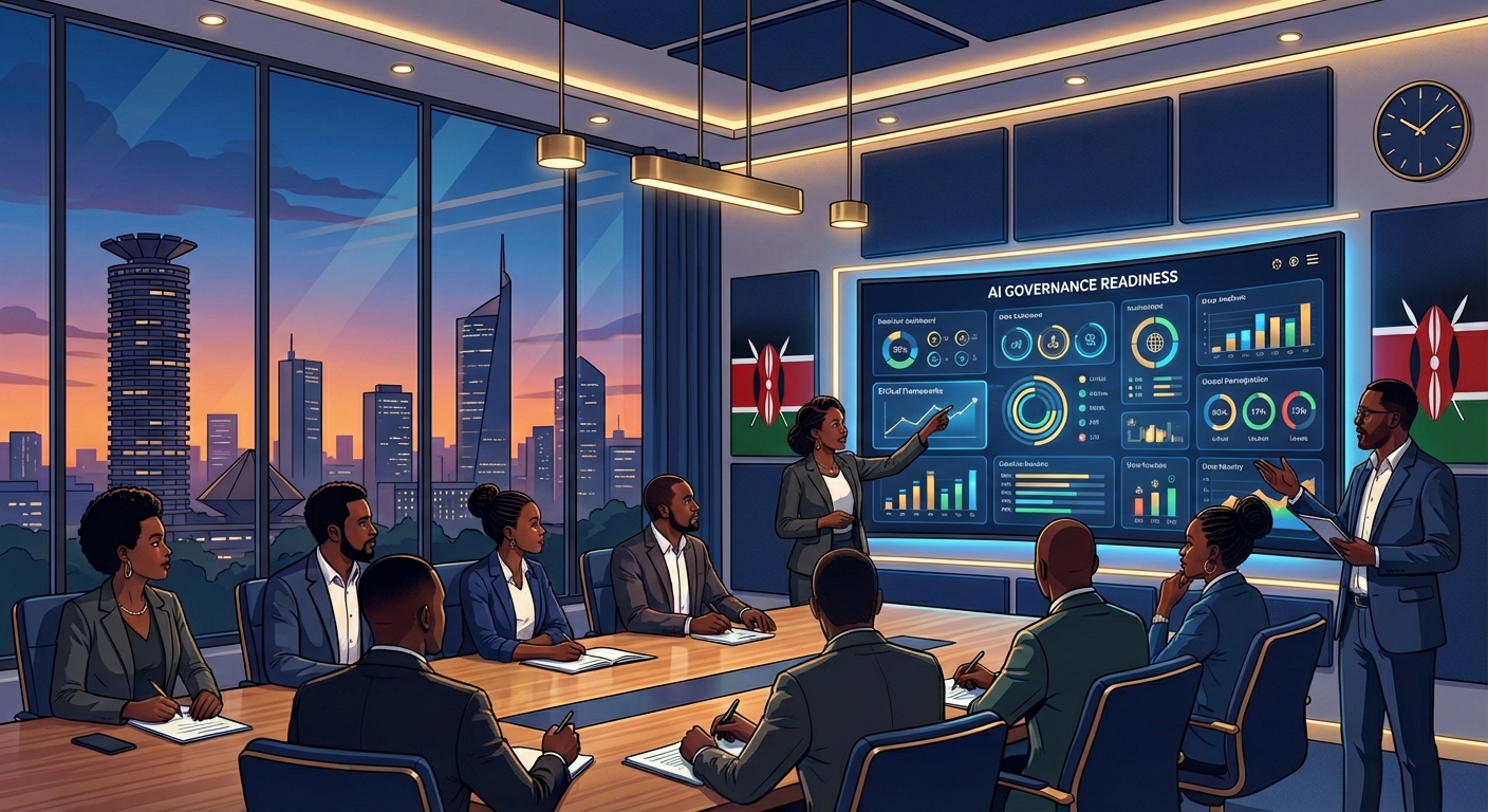 Executives in a Nairobi boardroom discussing AI regulation in Kenya using a governance readiness dashboard.