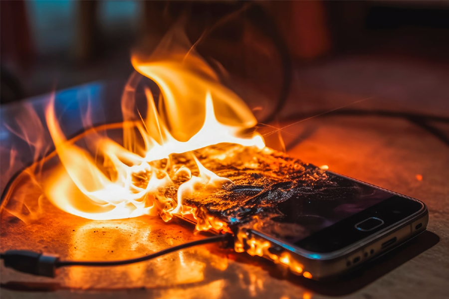 Lithium-ion battery fire safety issue showing phone on fire Lithium-ion battery fire safety issue showing phone on fire