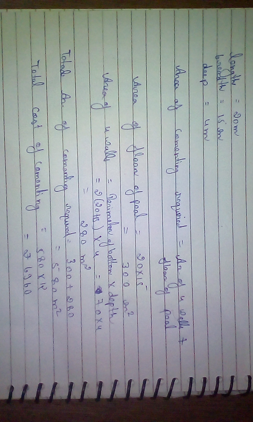 A Swimming Pool Is 20m In Length 15m In Breadth 4m In Depth Find The Cost Of Cementing It S Floor And Brainly In If the total force which is directed downward on.