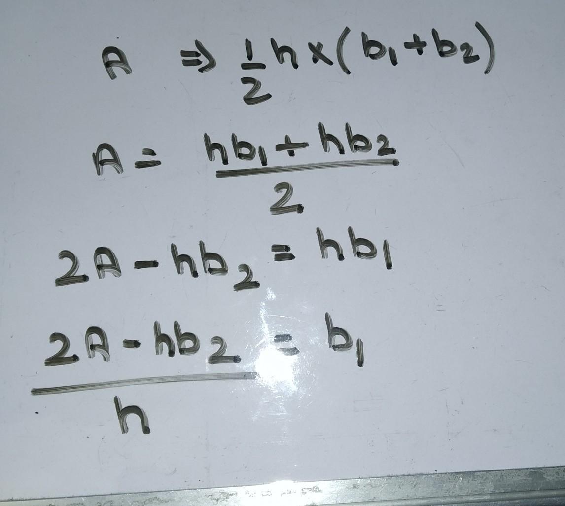 The Formula For The Area Of A Trapezoid Is A 1 2h B1 B2 Express B1 In Terms Of A H And B2 The Area Brainly B1 2A-hb2 h Step-by-step explanationA12h b1b2 2Ah b1b2 2Ahb1hb2 2A-hb2hb1 2A-hb2 hb1 b1 2A-hb2 h.
