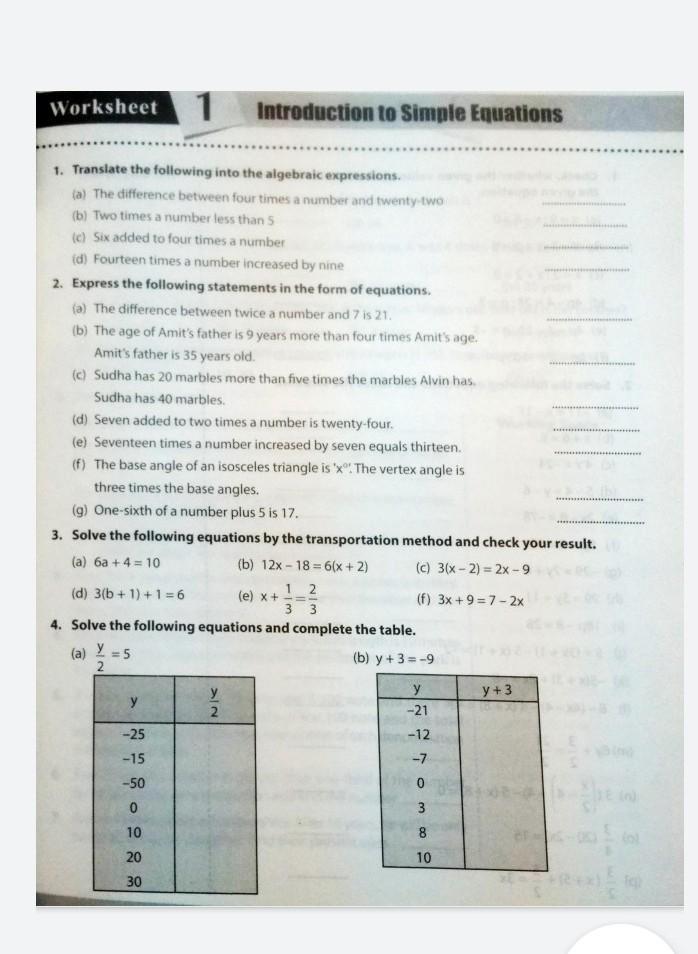 Simple Equations Class 7 Worksheet With Answers - Tessshebaylo