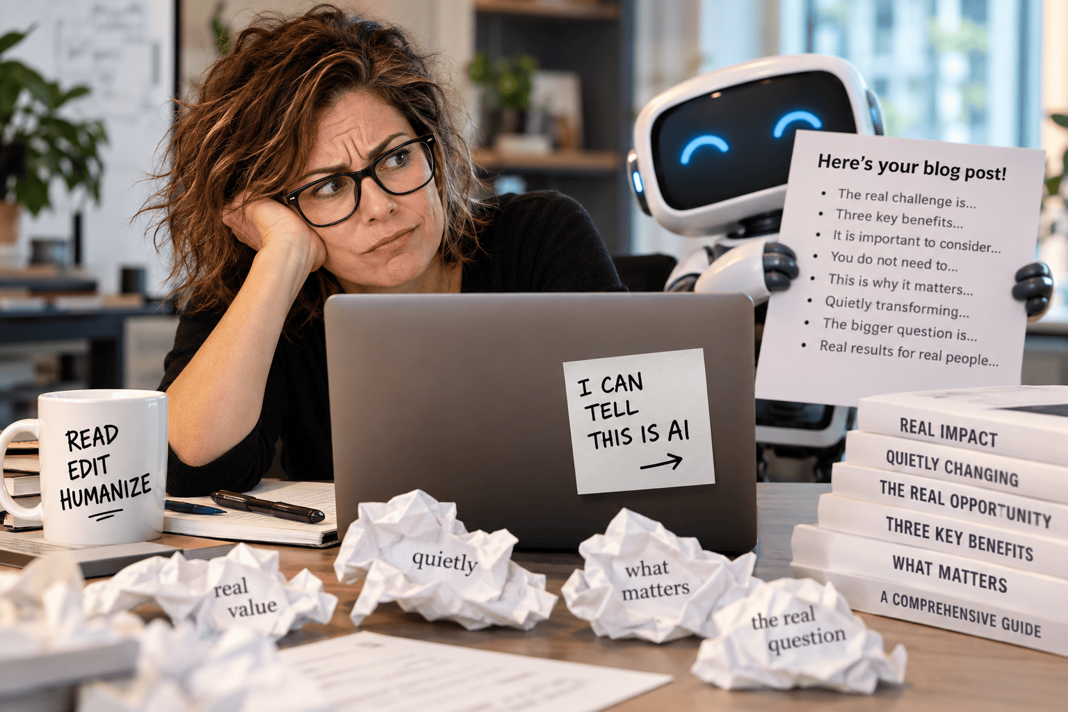 Woman looking frustrated while looking at robot.