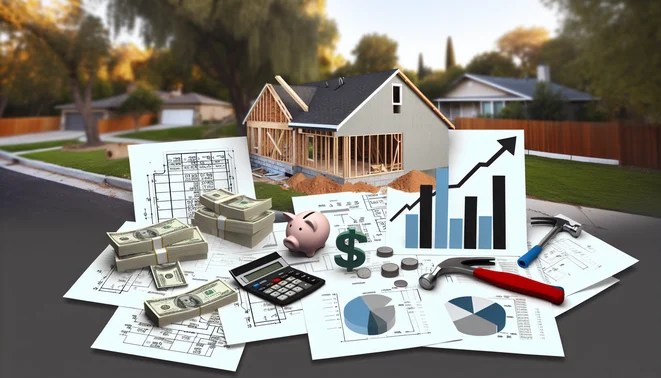 alt_text: A partially built home with bills, tools, and icons symbolizing hidden costs and budgeting.
