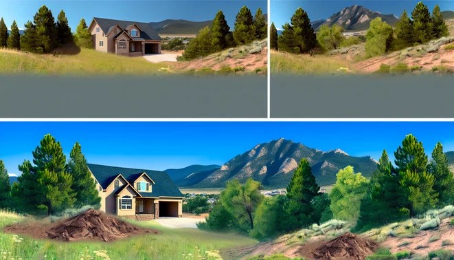 alt_text: Mountain homes with diverse foundations amidst a serene landscape of trees and blue sky.