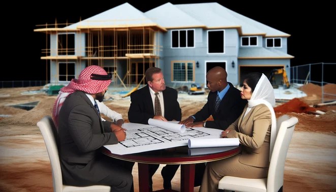 alt_text: A diverse group discusses custom home plans at a stylish table, with a home under construction behind them.
