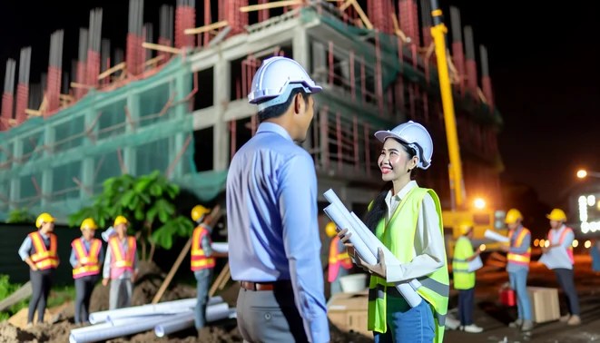 alt_text: A construction manager and homeowner discuss home change orders at a vibrant construction site.
