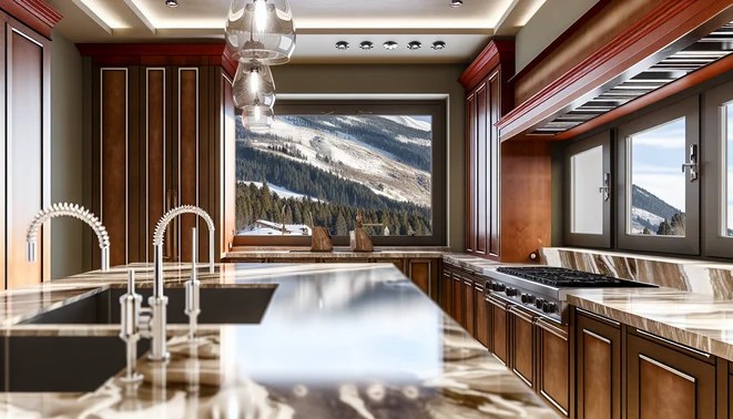 alt_text: Luxurious kitchen with marble countertops, custom cabinetry, and stylish fixtures in a modern layout.