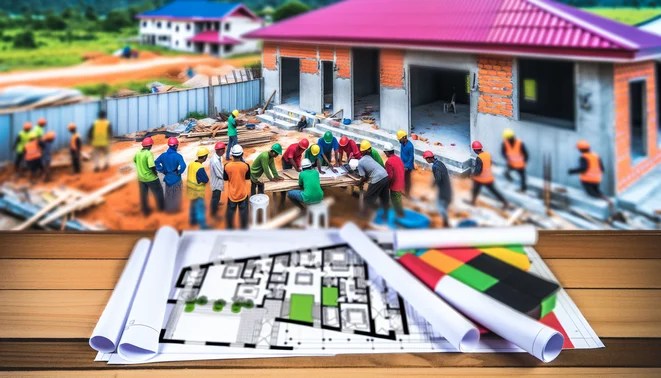 alt_text: A vibrant construction site showcasing home building, blueprints, teamwork, and a partially built house.