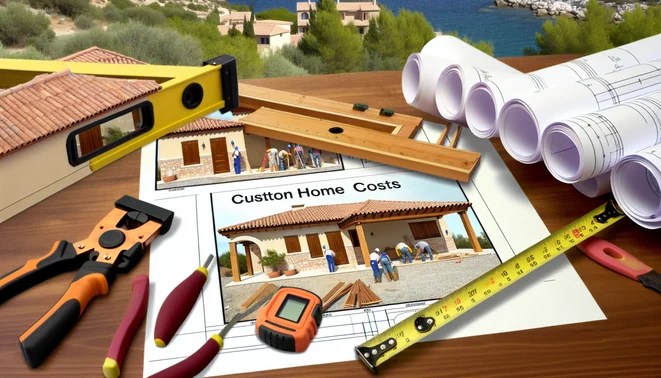 alt_text: A custom home under construction, with blueprints, measuring tools, and cost calculations visible.