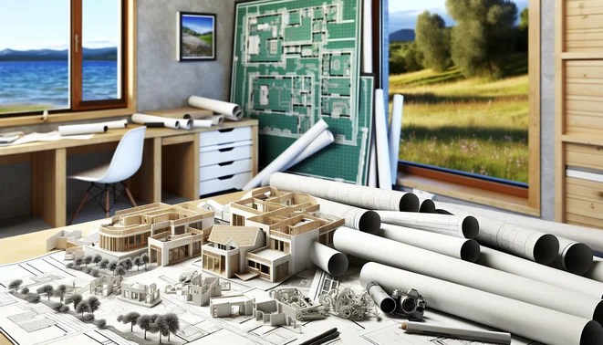 alt_text: Architect's workspace with blueprints, 3D models, and natural views, showcasing home design creativity.