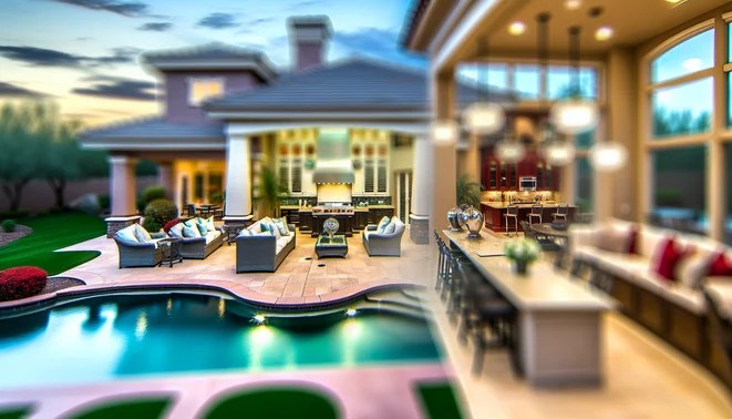 alt_text: Luxury home featuring an elegant living space, gourmet kitchen, and stunning outdoor pool area.