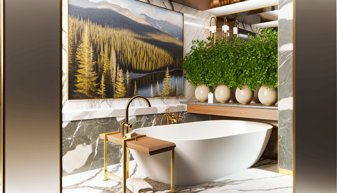 alt_text: Elegant bathroom design featuring a soaking tub, marble, gold fixtures, and lush greenery.