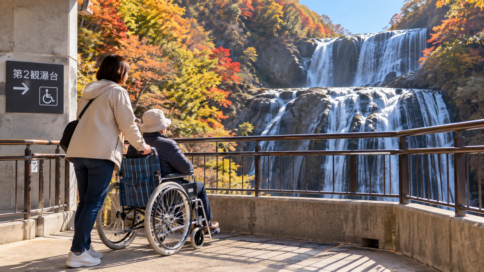 車いすで袋田の滝の観瀑台から紅葉と滝を眺める様子
