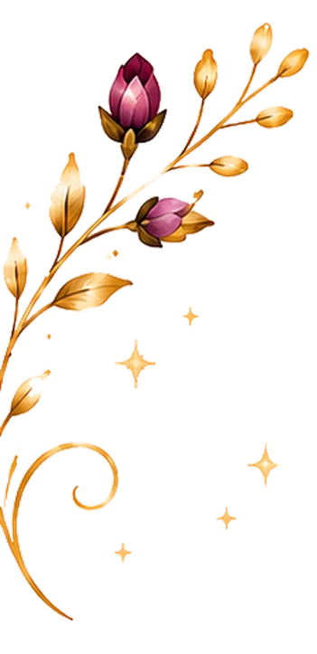 A decorative floral design with pink lotus flowers and golden leaves, accented by sparkles.