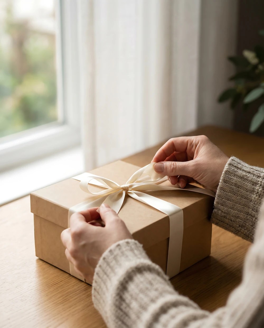 A person tying a ribbon on a wrapped gift box while sitting at a table near a window.