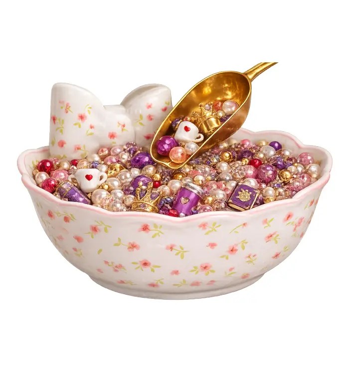 A decorative bowl filled with colorful beads and small trinkets, with a golden scoop resting on the edge.