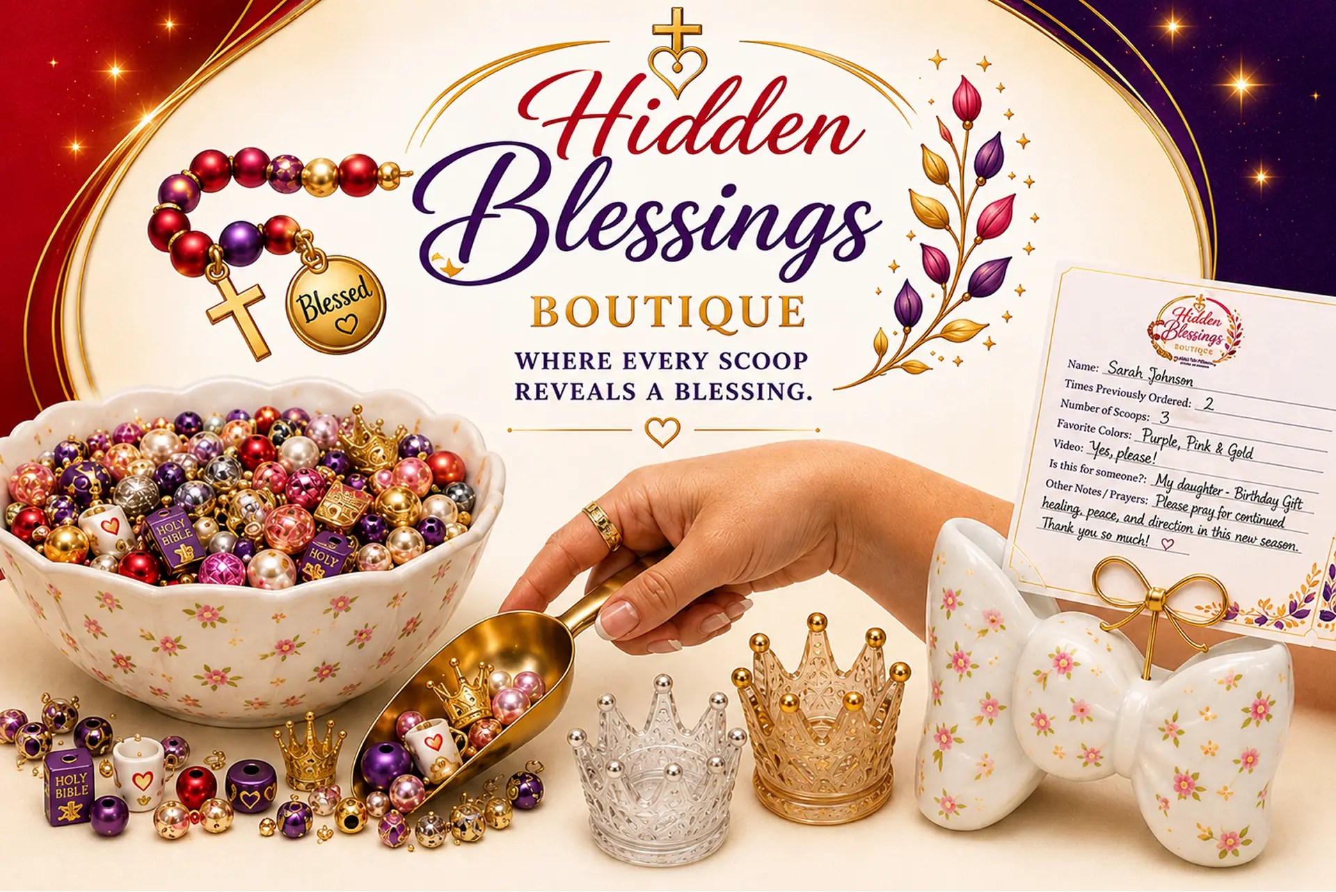 Promotional image for Hidden Blessings Boutique, showcasing various colorful beads and charms in a bowl, with the text 'Where Every Scoop Reveals a Blessing' and additional details about the boutique.