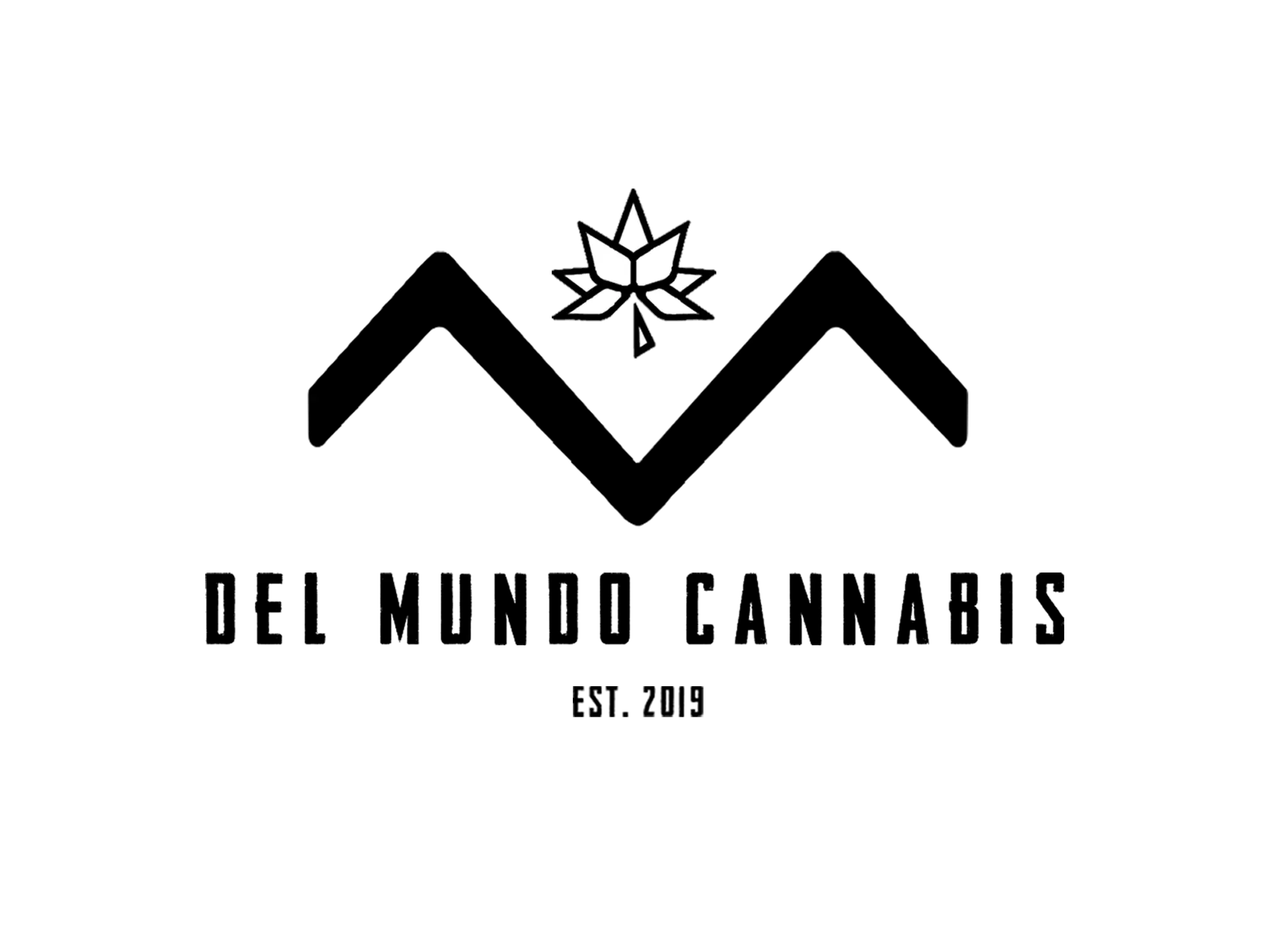 Del Mundo Cannabis logo: Black geometric mountain peaks with a stylized cannabis leaf icon centered above the text "DEL MUNDO CANNABIS EST. 2019."