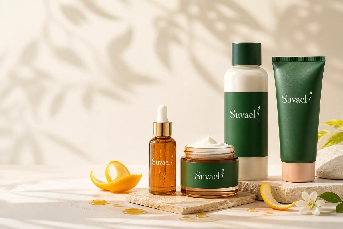 Suvael brightening skincare serum, cream, bottle and tube