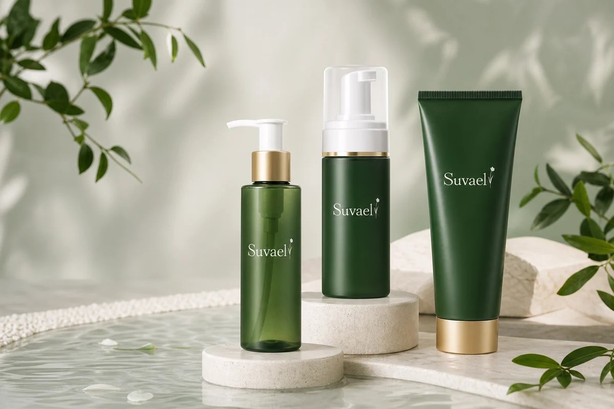Suvael private label face cleanser bottles and cleansing balm packaging