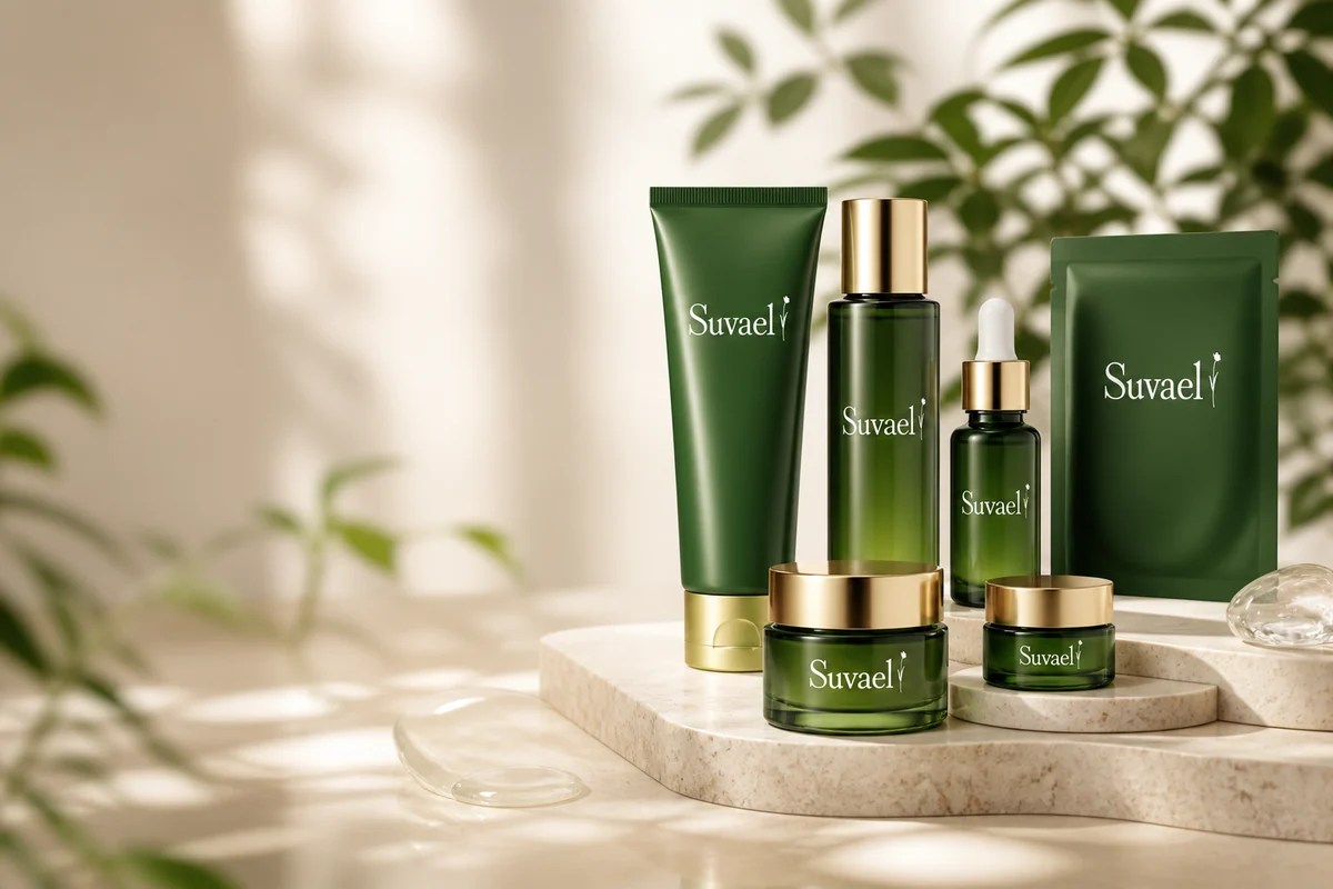 Suvael facial skincare range with tubes, serums and cream jars
