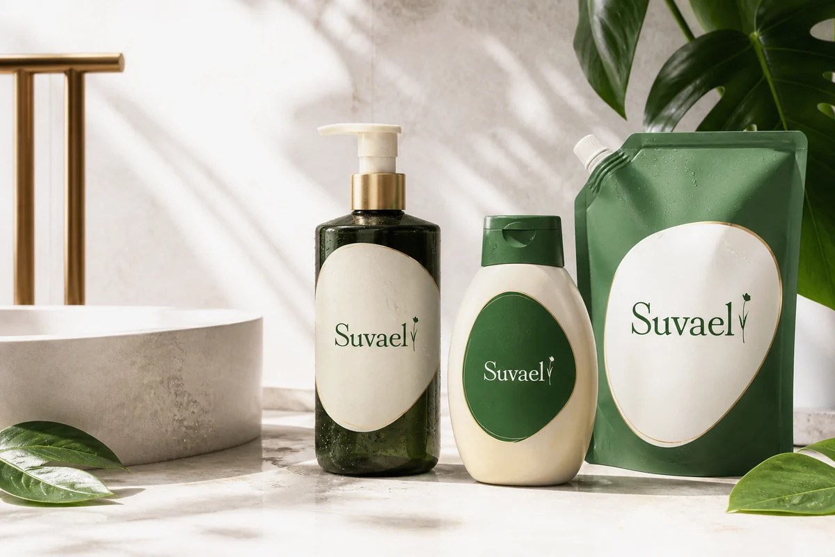 Suvael liquid soap bottles and refill pouch packaging